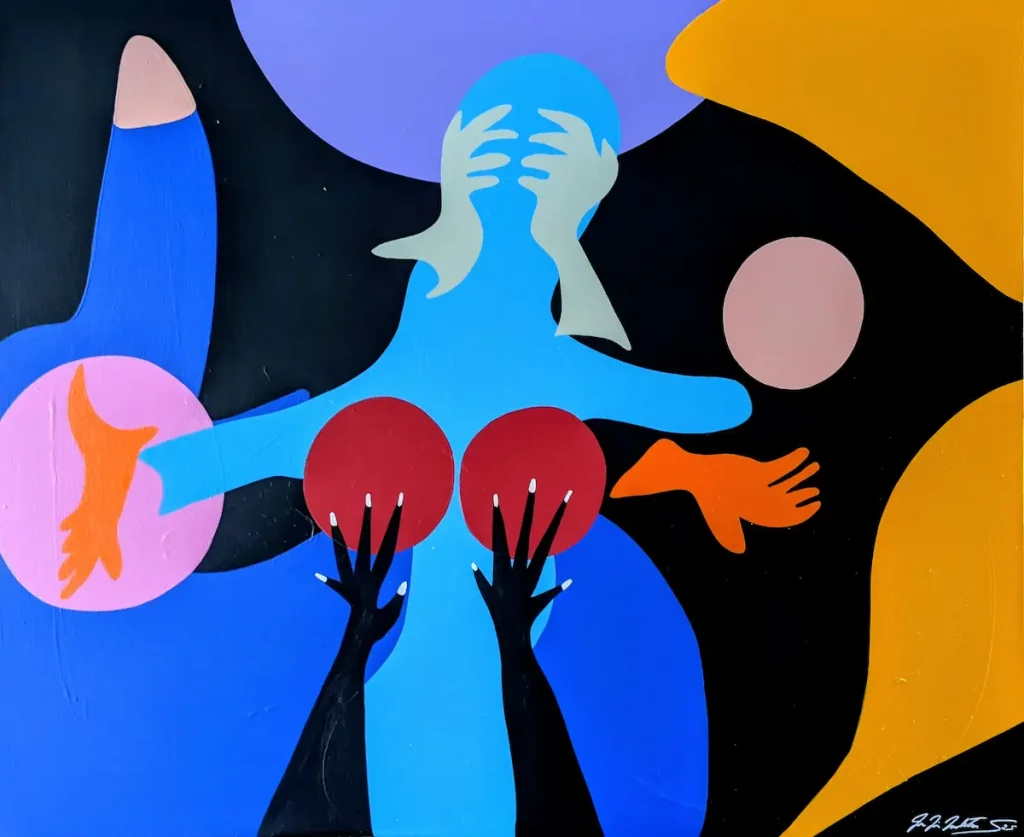 A Four-Handed Silence, acrylic on canvas, 36 x 48 inches, 2025